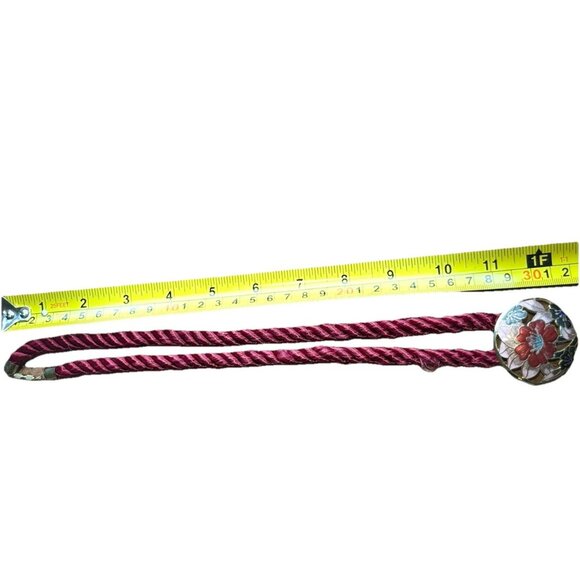 Vtg Cloisonné Floral Pendant Necklace Red Enamel Flower W/Gold Burgundy Cord - Picture 6 of 7